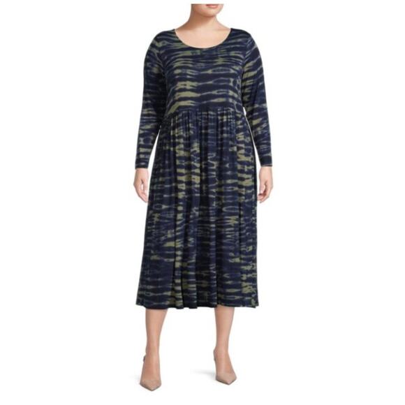 Terra & Sky Women's Plus Size Dark Blue Green Tie Dye Midi Dress 2X - Picture 1 of 5